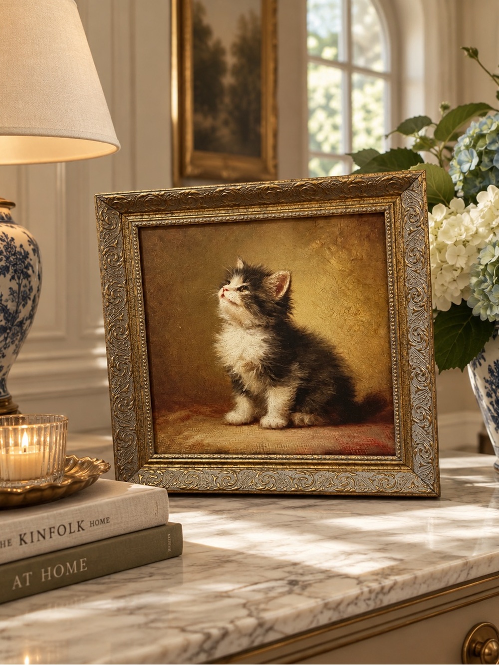 12x12  Kitten Art Print in Gold brass vintage inspired frame (glass)